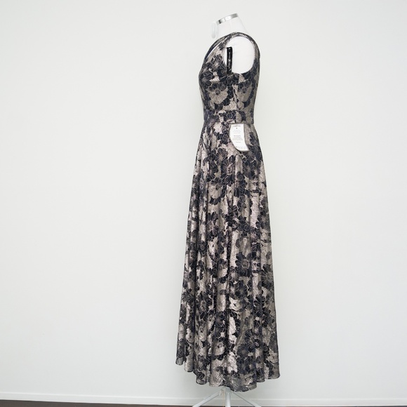Betsy & Adam - Gwen Long One Shoulder Wrap Foil Flower Dress - Picture 6 of 12